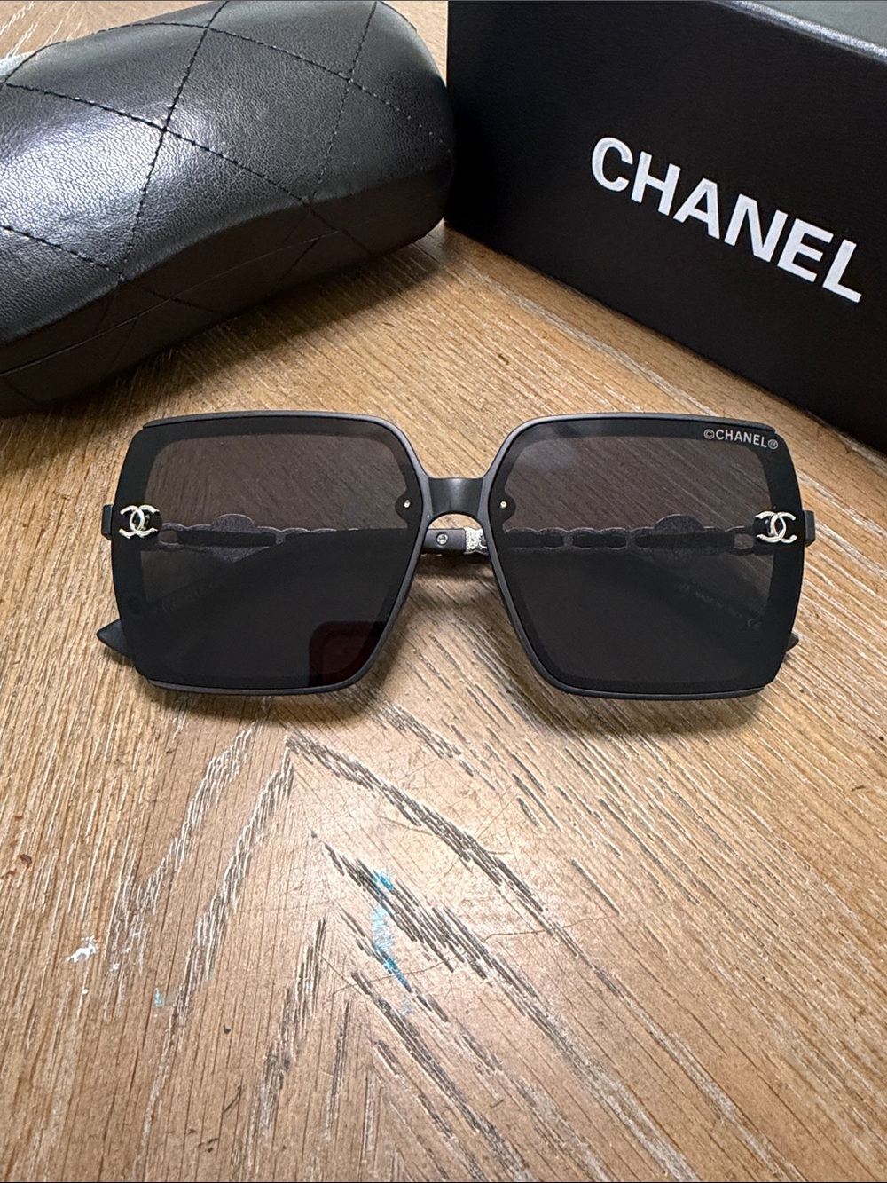 Chanel Black Square Sunglasses with Gold CC Accents